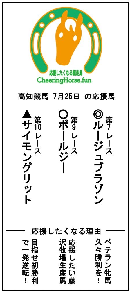 cheeringhorse's tweet photo. 高知競馬 本日7月25日の全レース出走馬の中から
このアカウントのなかの人達の独断と偏見による応援馬はこちら🏇✨💕

7R ルージュブラゾン
9R ���ールジー
10R サイモングリット

画像の方には印をつけていますが、予想ではないのであしからず～
#全人馬無事完走を https://t.co/MRKB98QVns