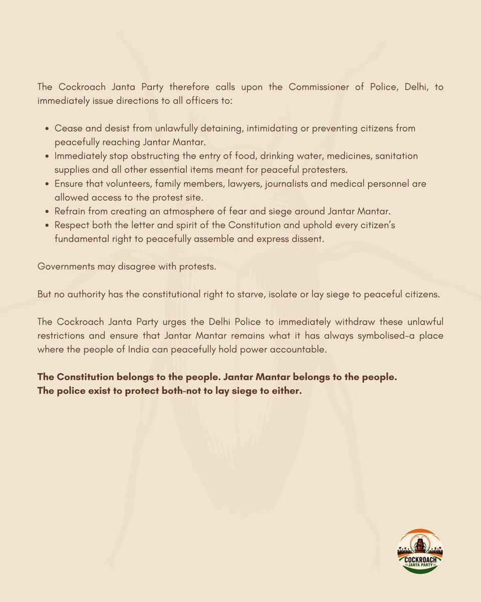 SauravDassss's tweet photo. 🚨IMPORTANT STATEMENT🚨

The Cockroach Janta Party demands that the @DelhiPolice immediately cease and desist from unlawfully detaining, intimidating or preventing citizens from reaching Jantar Mantar and refrain from creating an atmosphere of fear and siege around Jantar Mantar.

@Cockroachisback