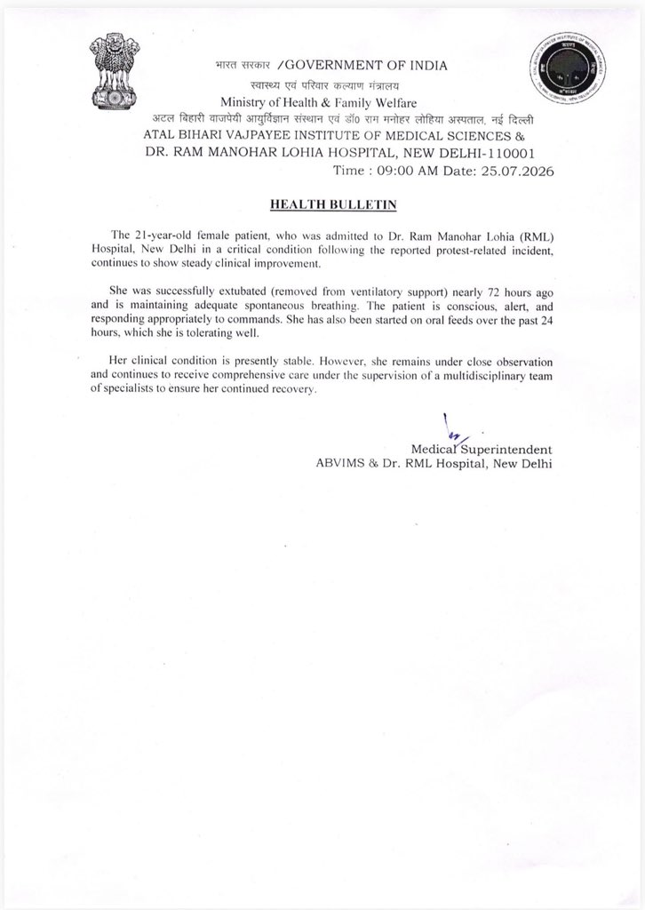 amitmalviya's tweet photo. The latest health bulletin from RML Hospital brings encouraging news. The 21-year-old student injured during the protest is conscious, alert, breathing on her own, taking oral feeds, and continues to show steady clinical improvement. Wishing her a full and speedy recovery.

Equally important is a lesson for all of us. In the immediate aftermath of the incident, false claims about her death were circulated and amplified without verification. In moments of uncertainty, journalists, public figures, and those with large platforms have a responsibility to verify facts before making sensational claims.

Misinformation not only misleads the public but also causes immense distress to families and undermines trust. Accuracy must always come before outrage.