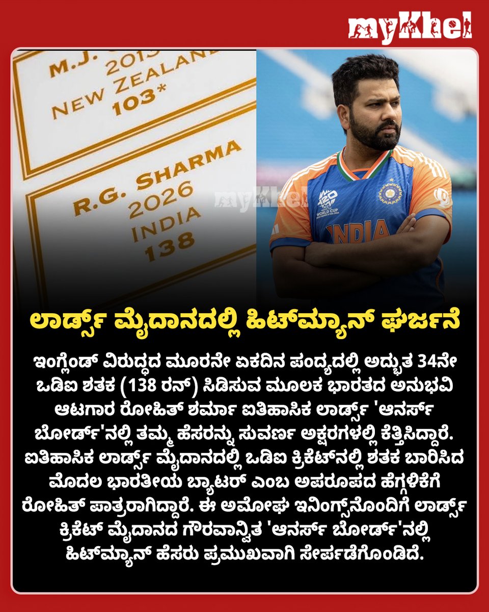 MykhelKannada's tweet photo. 🔥 ಲಾರ್ಡ್ಸ್ ಮೈದಾನದಲ್ಲಿ ಹಿಟ್ಮ್ಯಾನ್ ಘರ್ಜನೆ: ಒಡಿಐನಲ್ಲಿ ಶತಕ ಸಿಡಿಸಿ 'ಆನರ್ಸ್ ಬೋರ್ಡ್'ಗೆ ಸೇರಿದ ಪ್ರಥಮ ಭಾರತೀಯ ಓಪನರ್!
#RohitSharma #LordsHonoursBoard #SportsUpdate #MKKannada #TeamIndia #INDvsENG #CricketNews https://t.co/7k7hPoAIPf
