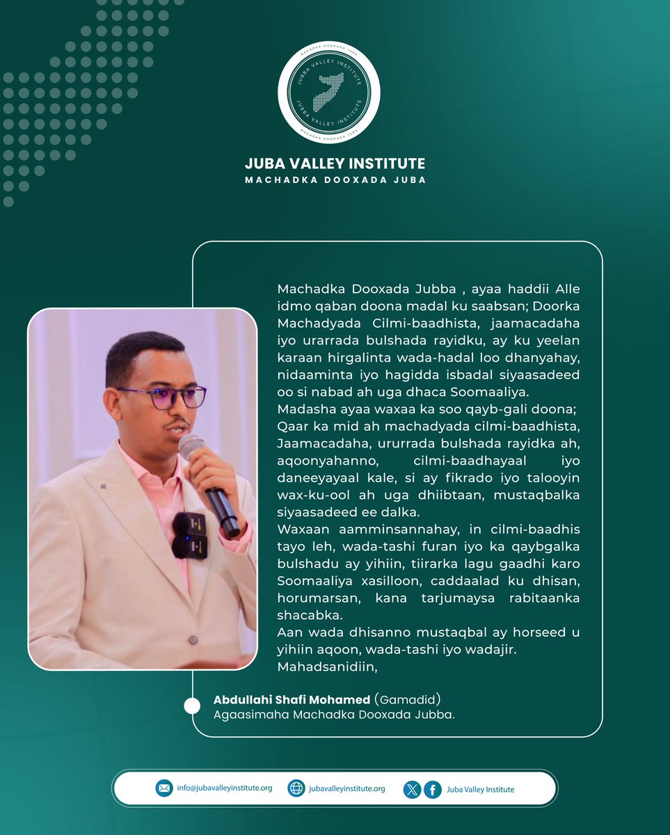 JV_Institute's tweet photo. Fariinta Agaasime @YGamadid ee Madasha ururrada bulshada iyo Machadyada cilmi-baadhista Sooomaliya oo ka dhici doona kismayo. https://t.co/nSErfaZLGH
