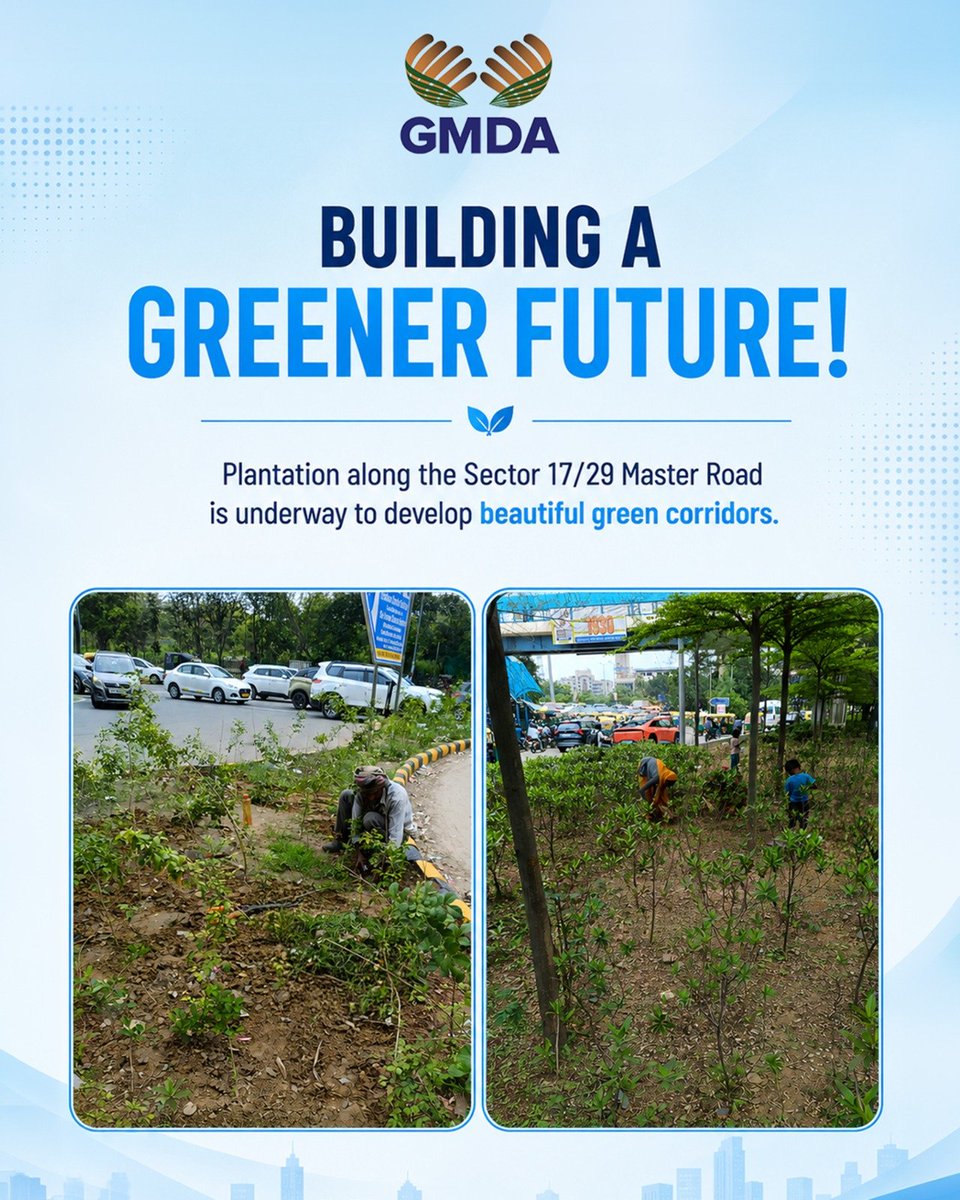OfficialGMDA's tweet photo. More greens. Better streets. Brighter Gurugram. ЁЯМ▒
GMDA is undertaking plantation along the Sector 17/29 Master Road to create lush green corridors, improve the city's landscape and contribute towards a cleaner, healthier urban environment.
#GMDA #GreenGurugram #PlantationDrive #UrbanGreening #SustainableDevelopment #GreenCorridors