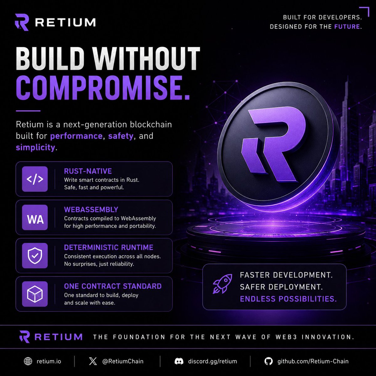 0xGulla's tweet photo. Most blockchains make developers adapt to the chain.
Retium is built the other way around.

⚡ Rust-native smart contracts
⚡ WebAssembly execution
⚡ Deterministic runtime
⚡ One simple contract standard

The future of Web3 starts with better developer tools. 

@RetiumChain https://t.co/659Js7evJg