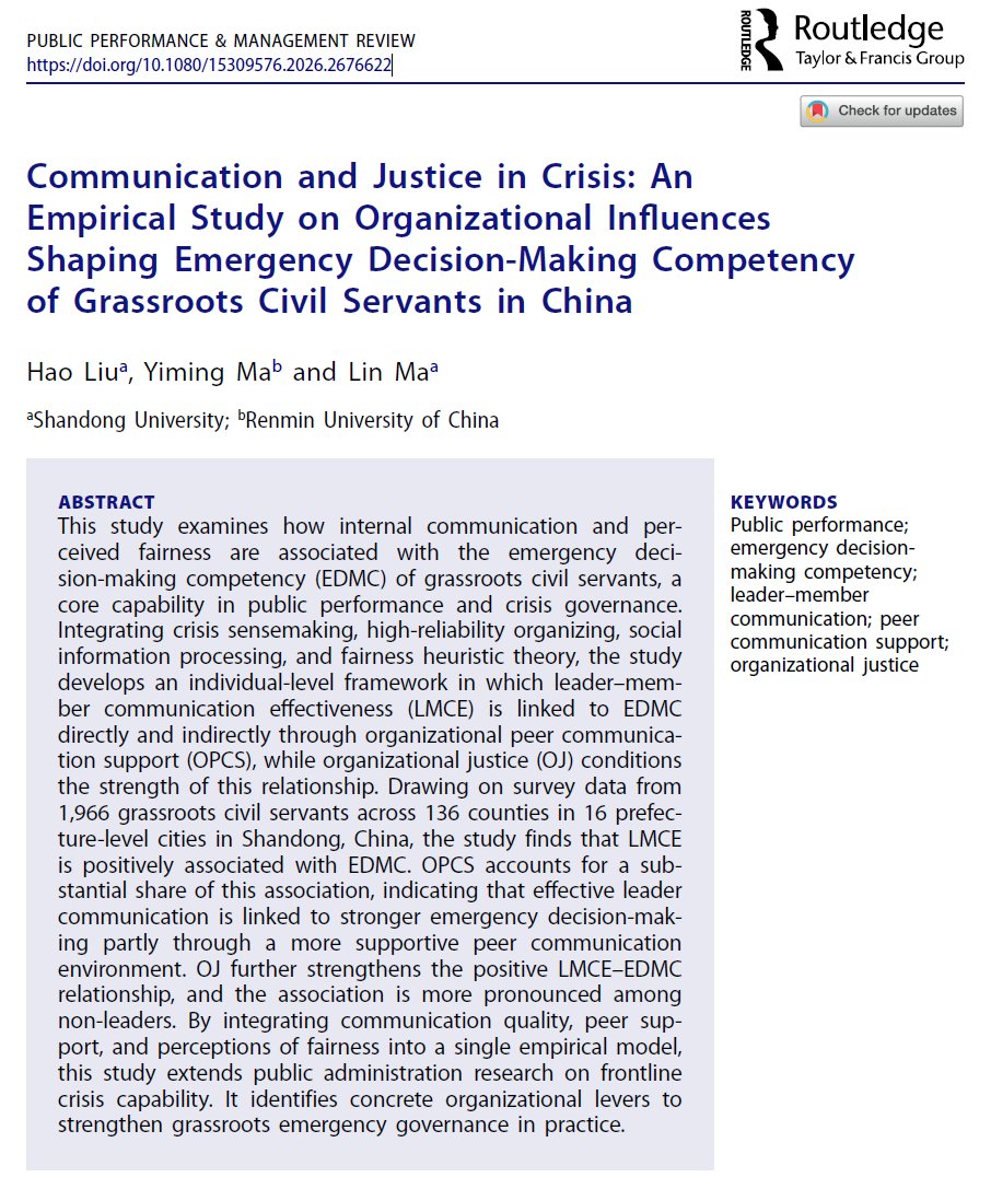 PPMR_new's tweet photo. 🚀 #NewArticle in #PPMR

📄 "Communication and Justice in Crisis: An Empirical Study on Organizational Influences Shaping Emergency Decision-Making Competency of Grassroots Civil Servants in China"
By Hao Liu, Yiming Ma, and Lin Ma

👉 Read: https://t.co/vfYI5aPMXy https://t.co/xN8MYSfbPM