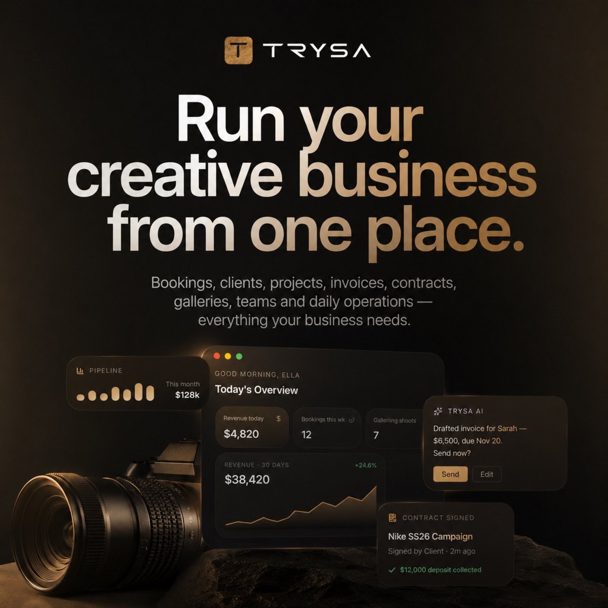 trysa_app's tweet photo. Bookings.
Clients.
Projects.
Invoices.
Contracts.
Galleries.
Payments.

Your entire creative business.
One workspace.

Welcome to TRYSA.

Start free → https://t.co/gv2dEo18jB

#TRYSA #CreativeBusiness #BusinessOS https://t.co/iWB0sbMTpL