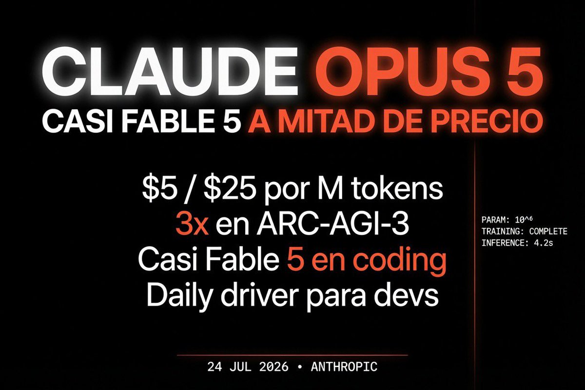 codex_gpt's tweet photo. 🔥 Anthropic lanza Claude Opus 5
Casi el poder de Fable 5… a la mitad del precio.
$5 / $25 por millón de tokens
3× mejor que el siguiente en ARC-AGI-3
Casi igual que Fable 5 en coding agentic
El nuevo daily driver para developers y empresas.

#IA #AI #claude #anthropic #ArtificialInteligent #llmodels #opus