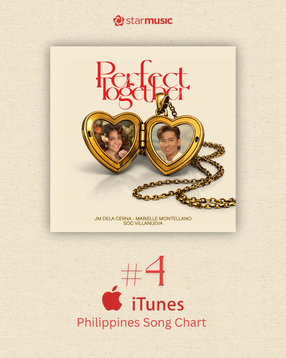 StarMusicPH's tweet photo. "Perfect Together" by JC Dela Cerna and Marielle Montellano peaked at #4 iTunes PH Chart. ♥️

Keep on streaming on your favorite streaming platforms!

❦ LISTEN HERE:
https://t.co/qGKoME7IpF

#PerfectTogether #JMielle #JMDelaCerna #MarielleMontellano https://t.co/oMN2MADkuA
