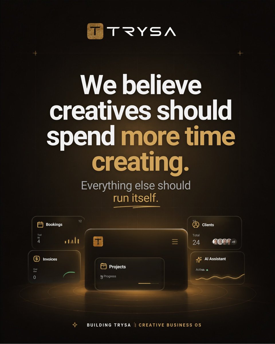 trysa_app's tweet photo. We believe creatives should spend more time creating.
Everything else should run itself.
That’s the vision behind TRYSA.
Building the operating system for creative businesses.
https://t.co/gv2dEo18jB
#TRYSA #BuiltForCreatives #CreativeBusiness #BuildInPublic #CreatorEconomy https://t.co/WtYfIlsOCy