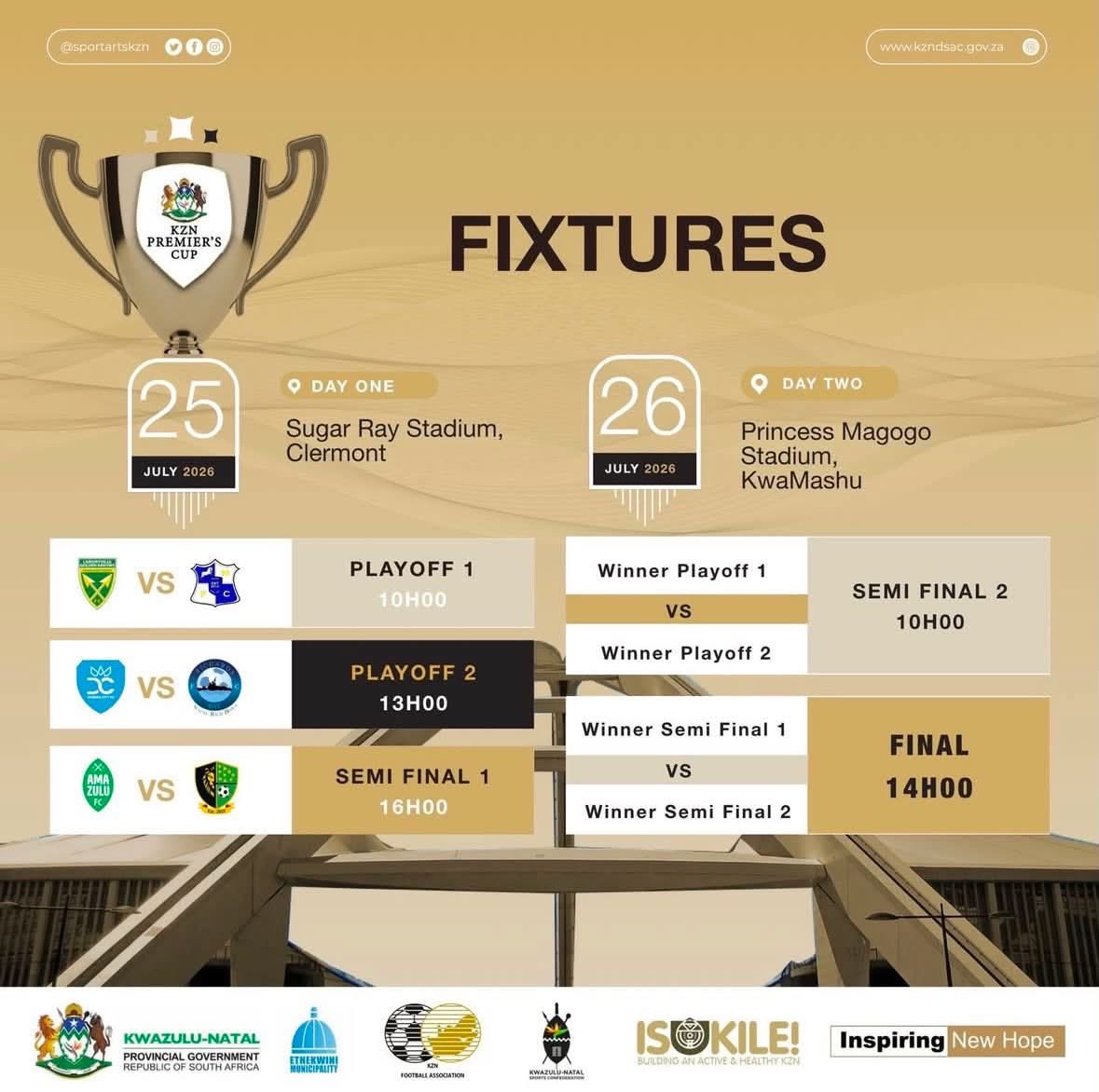 nyeletiMad's tweet photo. The 2026 #KZNPremiersCup kicks off today at Sugar Ray Xulu Stadium in Clermont. Golden Arrows, Milford FC, Durban City, Richards Bay FC, AmaZulu and Midlands Wanderers battle for a place in Sunday’s final at Princess Magogo Stadium. #KZNFootball https://t.co/Qw5MMfhiDy