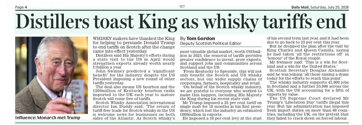 AgentP22's tweet photo. Awkward.

John Swinney wanted everyone to believe he got the whisky tariffs scrapped.
The distillers have just thanked... King Charles.

That's another SNP victory that never actually happened. https://t.co/VhqlVYmS9S