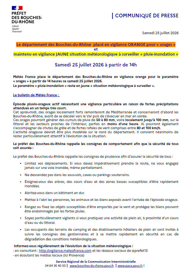 Image de Préfet de la région Provence-Alpes-Côte d'Azur : #METEO13 | 
🟠 #Vigilance | ORAGES
À compter de 14h ce samedi 25 juillet, le département des Bouches
