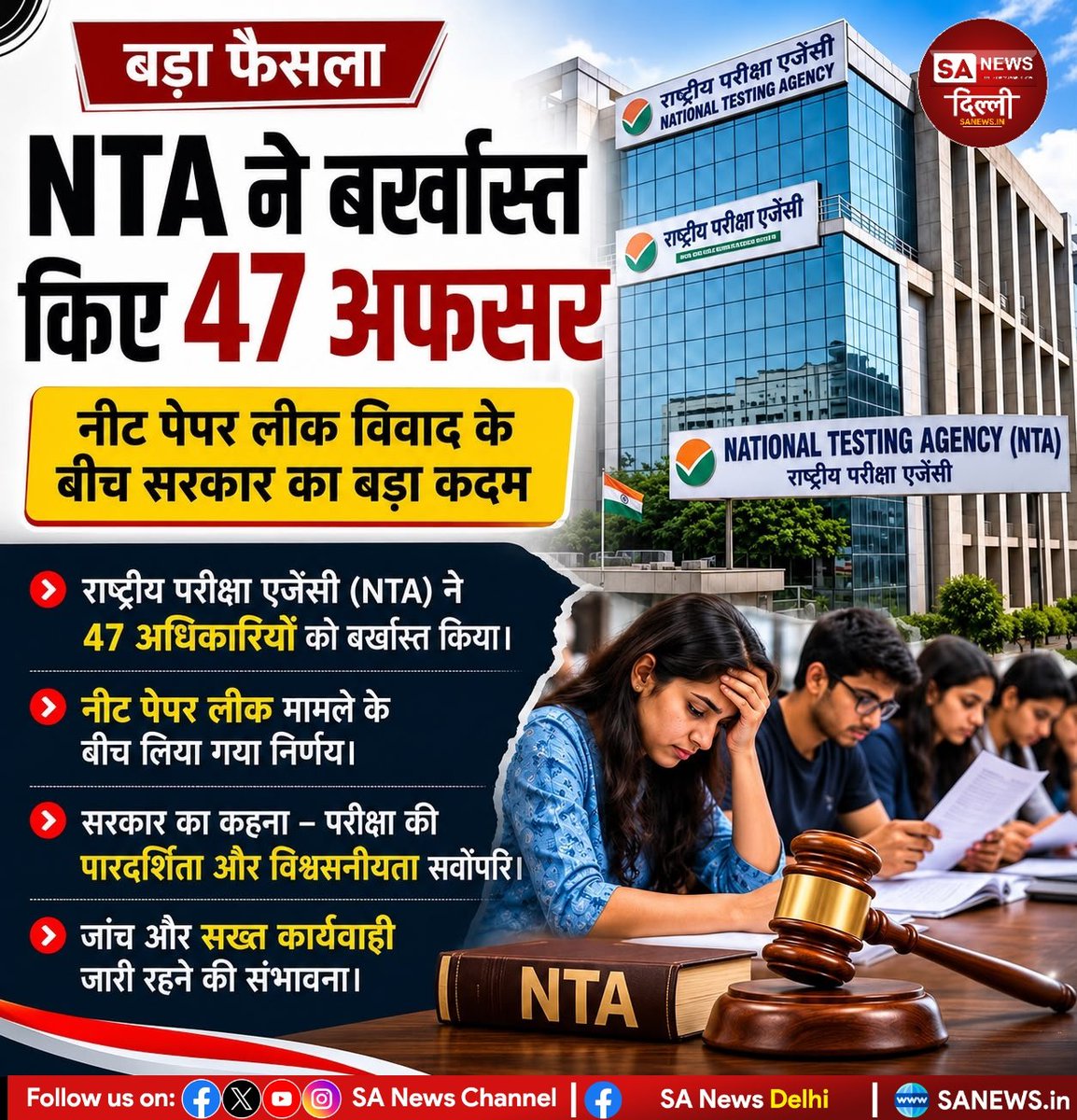 sanewsdelhi's tweet photo. 📚 NEET पेपर लीक विवाद के बीच बड़ा फैसला!
NTA ने 47 अधिकारियों को बर्खास्त कर दिया है। परीक्षा प्रणाली में पारदर्शिता और निष्पक्षता सुनिश्चित करने के लिए आगे भी सख्त कार्रवाई की बात कही गई है।
#NEET2026 #NEET #NTA #PaperLeak #Education #Students #sanewsdelhi https://t.co/2gPpKfIXPF