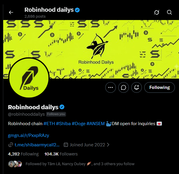 ARLENEX60's tweet photo. Absolutely thrilled and honored to have @robinhooddailys following me back!  Your insights on the crypto space, especially around #ETH, #Shiba, and the Robinhood ecosystem, are top-tier. Fully supporting your awesome work and excited to be part of this community. Keep shining! 🚀 https://t.co/jwIhiQMBqv