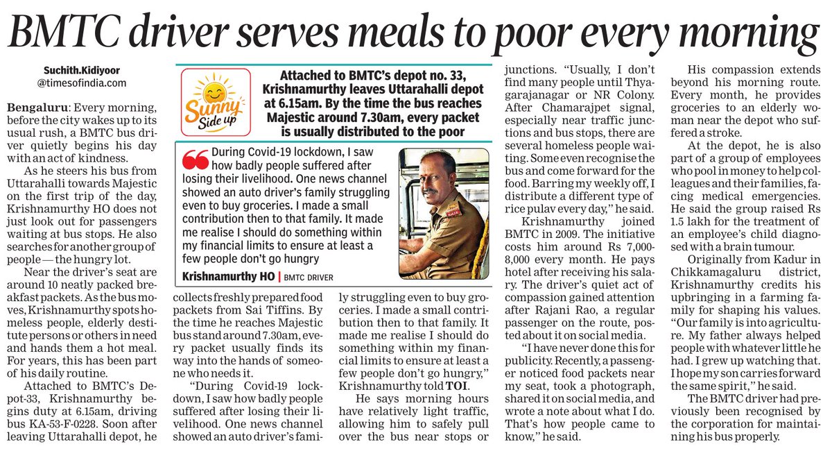 hebbarprajna_'s tweet photo. @Suchithkidiyoor writes in Today's TOI about Real Life Hero Krishnamurthy, who distributes free food to the needy everyday. These stories should be heard and recognised👏

#BMTC #TOI #Gratitude
@BMTC_BENGALURU https://t.co/aQ7IAaHhmC
