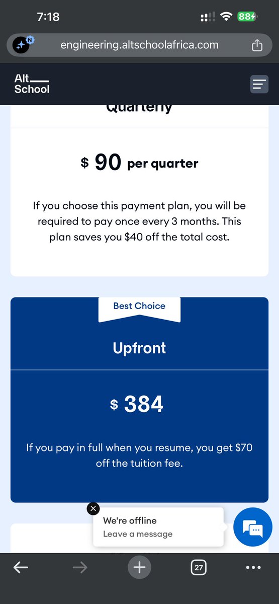 Emmanuelstraxy's tweet photo. So the scholarship is where exactly? 🤔

You advertise scholarships, then after applying you still see $384, $90/quarter or $34/month. Is the scholarship already deducted or not?

Nobody wants to pay the application fee only to discover they can’t afford the tuition. Just be transparent from the start.

Most applicants won’t really know this and also the application fee is like non refundable.