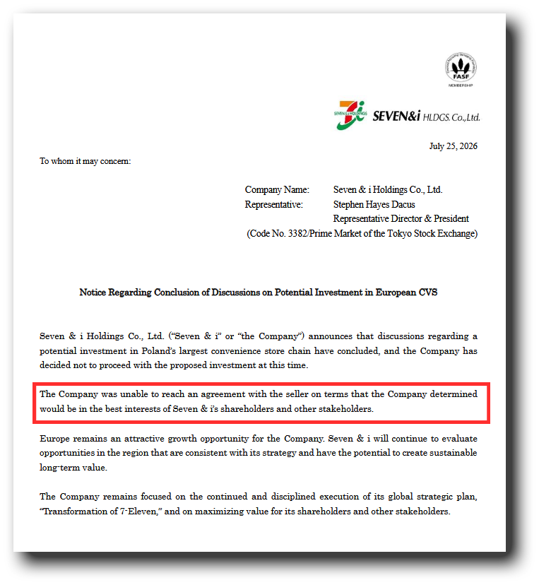 PawelBiedrzycki's tweet photo. BOOM! Właściciel 7-Eleven wycofuje się z kupna Żabki. W oficjalnym oświadczeniu Seven &amp; i Holdings poinformowało, że nie mogli się dogadać co do warunków sprzedaży. 

Wycena wskaźnikowa (EV/EBITDA) polskiej spółki to aktualnie ~12, a japońskiej ~7.5. https://t.co/mAwmlVjAwg