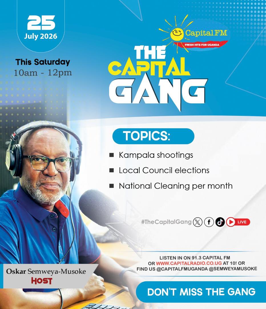 Bamwine_Fred_'s tweet photo. I’m honored to be joining #TheCapitalGang today on 91.3 Capital FM from 10:00 AM – 12:00 PM as an invited guest.

We’ll discuss:
📌 Kla shootings
🗳️ LC1 elections
🧹 The National Monthly Cleaning initiative
@KagutaMuseveni  @GovUganda @RobinahNabbanja @OdrekRwabwogo https://t.co/osWSiB5n2W
