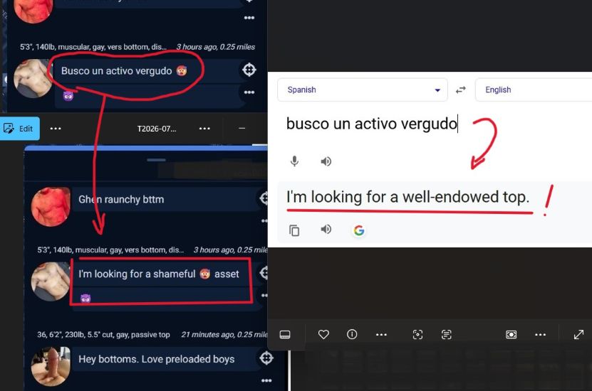BigSocksTop's tweet photo. 🏆Most Gay-Friendly Translator Award 🏆
. . . goes2   Google!   
MSEdge translatn via #Sniffies was basically cock-blockin! 
pic: 
> dude posted in Sp . 
>> MSEdge's odd translation .
.        >> Google's diff view, giving me hope! 🤞🏾

#gayPorn #gayBayArea https://t.co/ixkseTWf2s
