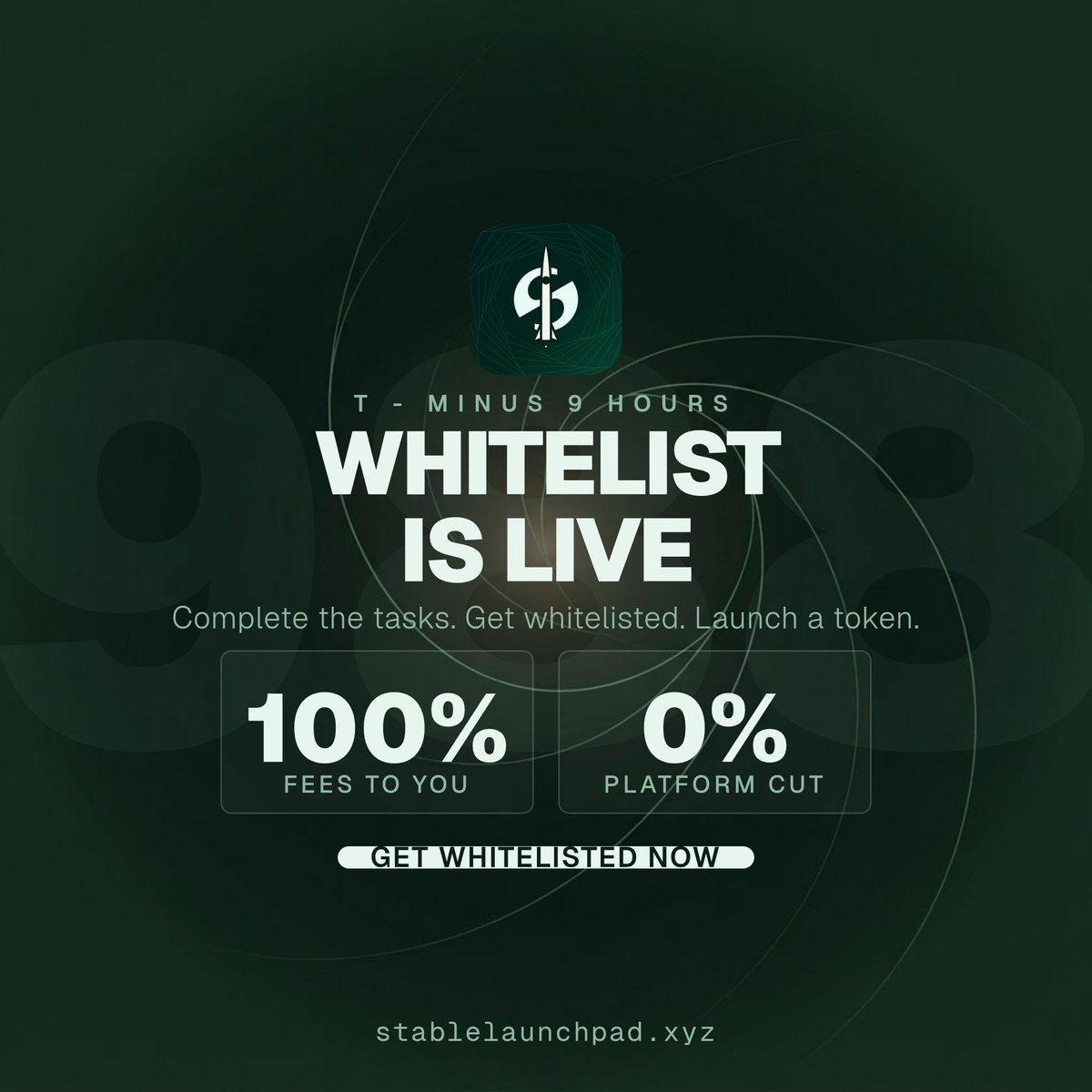 StableLP's tweet photo. T-9 HOURS.

 WL is open on https://t.co/vtFAdQn9g4

 Complete the tasks → get whitelisted 

 Launch with a whitelisted wallet → 100% of fees are yours→ 0% platform cut 

 Don't sleep on this. Get whitelisted before we go live. https://t.co/DfG5G3Ynml