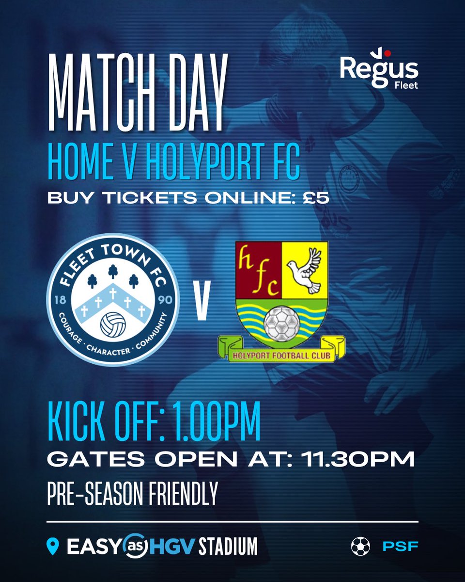 FCFleetTown's tweet photo. Match Day at the Easy As HGV Stadium! 💪

Our last pre-season test as we welcome Holyport FC to the Easy As HGV Stadium.

The Blues have produced some impressive performances against higher-level opposition throughout pre-season, and today's game is the perfect opportunity to build more momentum ahead of the league campaign.

⏰ Kick-off: 1:00pm
🚪 Gates open: 11:30am
🔥 BBQ On!

🎟️ Adults just £5 | Under 18s FREE
🔗 https://t.co/7M7qawrAJS

Come down, enjoy an afternoon of football, grab something from the BBQ, and get behind your local community club!