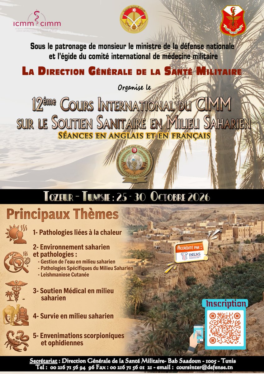 cimmicmm's tweet photo. Rejoignez le 12e cours du CIMM en Tunisie ! Médecine militaire & survie dans le désert
25-30 Oct 2026 ℹ️ Details soon on our website! 🔗 https://t.co/7yNnoacK2r #MilitaryMedicine #CIMM #SaharanEnvironment #Tozeur2026 #SurvivalTraining https://t.co/Cqbt8eRFyD
