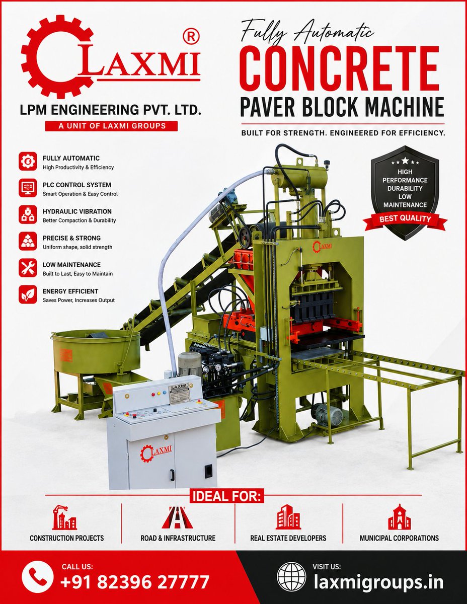 LpmEngineering's tweet photo. Fully Automatic Concrete Paver Block Machine | LPM Engineering Pvt. Ltd.

Boost your production with the Fully Automatic Concrete Paver Block Machine from LPM Engineering Pvt. Ltd. 

📞 Call Us: +91 82396 27777
🌐 Visit: https://t.co/QEywPxqndL

#LPMEngineering #LaxmiGroups https://t.co/UjfyJV72bK