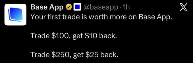 MonirulNaim8's tweet photo. 💥 New Offer From Base For First Time Traders On Base App

➡️ Create Account [New User]

- Earn 10$ If You Trade 100$ & Hold 75$ In Account For 30 Days
- Earn 25$ If You Trade 250$ & Hold 187.5$ In Account For 30 Days

So if you haven't used the Base app yet, I'd take advantage of it.

✅ Download the Base app: https://t.co/ffVfpxviR0

Btw, you can also create a new wallet on the Base app and still qualify for the offer.

* Limited-time offer, so if you're interested, better do it ASAP.

📌 This event is eligible for new accounts only Just create a new account and check

একাউন্ট খোলার সাথে সাথে অফার দেখতে পাবেন না একাউন্ট খোলার পাঁচ মিনিট পরে অ্যাপ ওপেন করবেন হোম স্ক্রিনে ব্যানার আকারে শো হবে অফার।

ট্রেড একবারে করা লাগবে, যদি ১০ ডলার ইনকাম করতে চান তাহলে ১০০ ডলার ইন ট্রেড করবেন ।
যদি ২৫ ডলার ইনকাম করতে চান তাহলে 250 ডলার ট্রেড করবেন। যেকোনো একটা রিওয়ার্ড পাবেন।