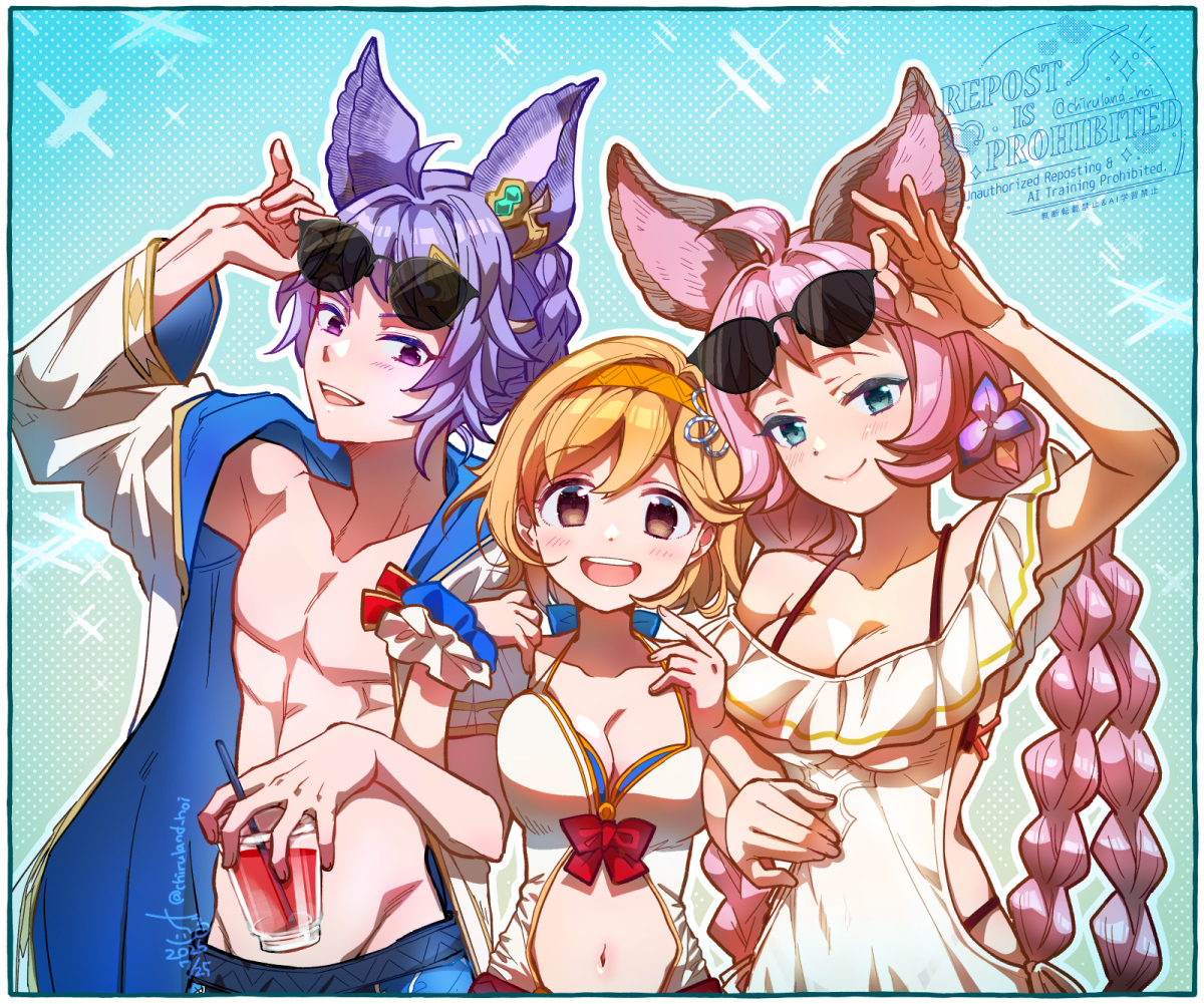 chiruland_hoi's tweet photo. 先日の公式から新規絵が供給されたのが嬉しすぎたので、水着のジータちゃん＋カトルくん＋エッセルさん描いた！ずっと、ジータちゃん＋双子描きたかったので描けてよかった！楽しそうな3人🥰🫶カトルくんの持ってるのは彼のお気に入りのスイカジュースだよ🍉 https://t.co/krAfo6FOvL