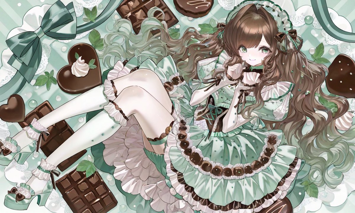 Uv_vUm2's tweet photo. 𓊆プロンプト配布𓊇

💚チョコミント風ロリータ🍫

.⋆𝜗𝜚 ツリーのaltにプロンプトが書いてあります。1枚目(衣装)と2枚目(その他背景などについて)となっております！
.⋆𝜗𝜚 ff外使用可ですჱ̒(ｰ̀֊ｰ́˶
皆さんの作品、ぜひ拝見させてください🙌🏻 ̖́-

 #プロンプト配布 
 #AI生成 https://t.co/lWBMjvkOGV