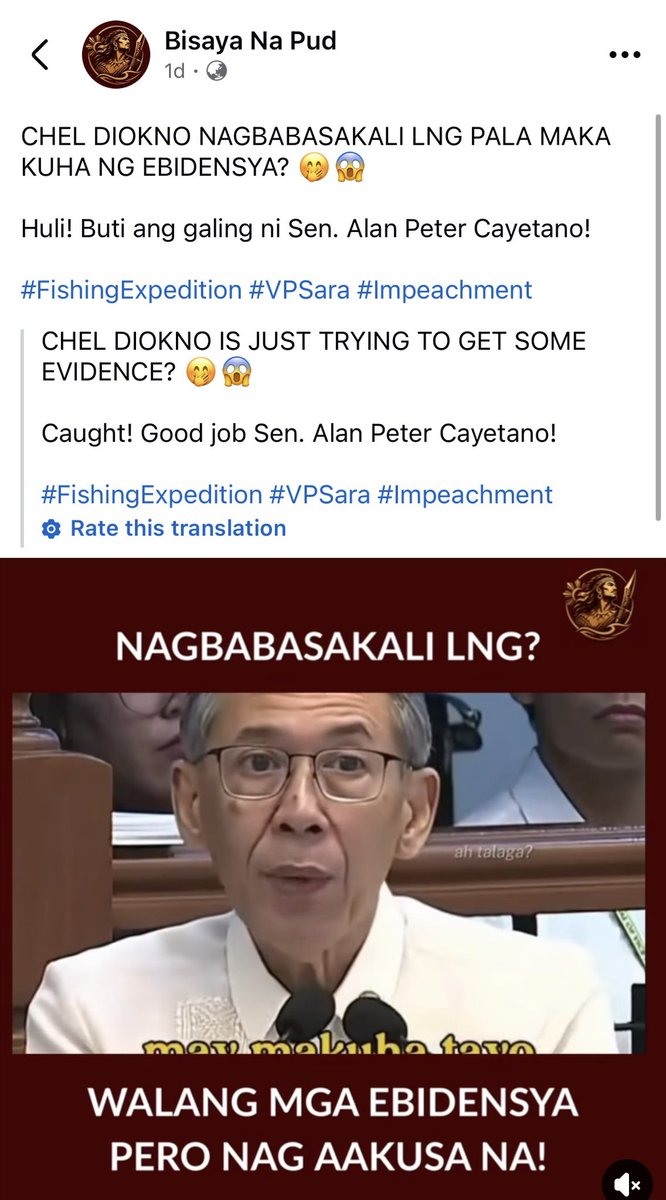 mvn_dn's tweet photo. I got curious as to the Lapu-Lapu logo on the spliced clip that Pia posted so I did a reverse image search and found out it’s a Bisaya page that clearly spreads Pro-Sara propaganda and posts AI generated content including attacks on her fellow Senator judges. 

is THIS how a member of an unbiased court behaves?? Please enlighten us @stgatchalian @SayChiz