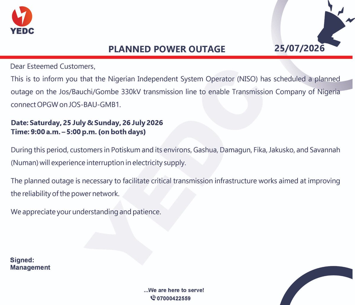 YolaDisco1's tweet photo. Dear Esteemed Customers,
FYI:
Feel free to reach out to us anytime for complains and enquiries on:
📲07000422559, complaints@yedc.com.ng
whistleblow@yedc.com.ng
💡💡💡💡
#YEDC #Supply Update#Adamawa #Borno #Taraba #Yobe #WeAreHereToServe. https://t.co/kVD1jjfwEI