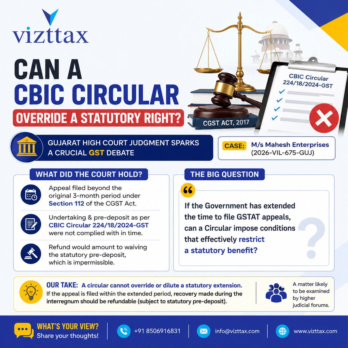 vizttax's tweet photo. 🚨 𝐂𝐚𝐧 𝐚 𝐂𝐁𝐈𝐂 𝐂𝐢𝐫𝐜𝐮𝐥𝐚𝐫 𝐎𝐯𝐞𝐫𝐫𝐢𝐝𝐞 𝐚 𝐒𝐭𝐚𝐭𝐮𝐭𝐨𝐫𝐲 𝐑𝐢𝐠𝐡𝐭?
#GST #GSTAT #CBIC #CGST #TaxLitigation #GSTLaw #IndirectTax #TaxProfessionals #CA #CS #CharteredAccountants #CompanySecretaries #Vizttax https://t.co/osWnQmZ7OU