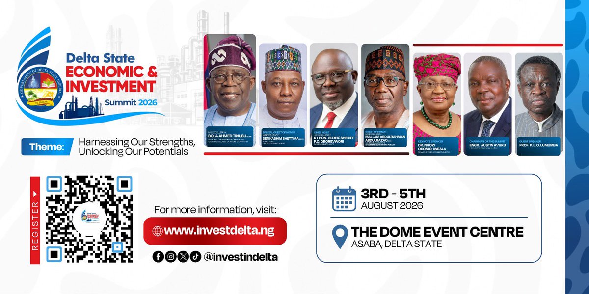 ossaiovie's tweet photo. We have industries in Delta State that have never regretted investing in the state, and have created thousands of jobs for our people.

The number of local and foreign investors that have visited Delta State and invested, employing our youths in the last 3 years, is amazing.

I know a lot of my friends who work in those companies, and I am happy that the Delta State Government led by Governor Sheriff Oborevwori will be hosting the Delta State Economic & Investment Summit* in Asaba.

Dr. Ngozi Okonjo-Iweala, Director-General of the World Trade Organization, will set the tone of the summit, while  Professor Patrick Lumumba, the renowned Kenyan scholar, Pan-Africanist and public intellectual, will share perspectives on governance, leadership and Africa’s development.

The summit will be chaired by Austin Avuru, one of Nigeria’s most respected energy industry leaders.

Delta State is opening a new chapter of opportunity as it prepares to host the Delta State Economic & Investment Summit— a strategic platform designed to bring together some of the world’s leading voices in government, business, finance, and development to shape the future of investment in the state.

Under the theme, “Harnessing Our Strengths, Unlocking Our Potential,” the summit will showcase Delta State’s competitive advantages, ongoing reforms, and vast opportunities across key sectors of the economy, while fostering strategic partnerships that will accelerate sustainable growth.

Date: 3rd–5th August 2026
Venue: The Dome Event Centre, Asaba

This is where Nigeria’s next growth story gets written.
Where investors meet opportunity.
Innovators explore infrastructure.
And policy meets execution.

Be part of the conversations that move markets.
Delta is ready!
