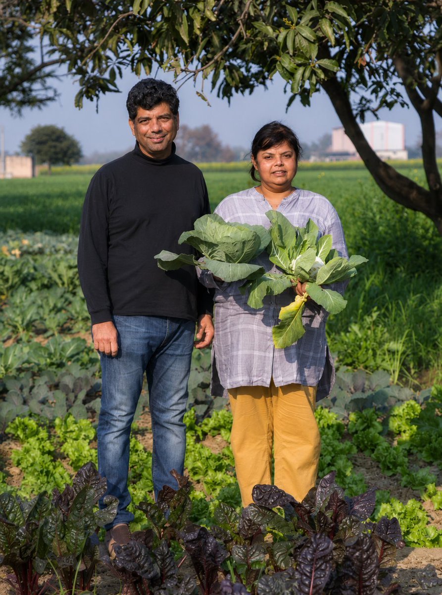 NalinisKitchen's tweet photo. Rakesh Anand, an IIT Bombay graduate, quit his corporate job in Dubai. His wife Roopika also left a successful banking career at Emirates Bank, ICICI Bank and Reliance Capital.

In 2018, they leased just 2 bighas of land in Uttar Pradesh and started farming.

No farming background.
No family business.
No experience.

People questioned their decision. They made mistakes, learned from local farmers, and slowly figured out organic farming through trial and error.
Then Covid arrived.

Instead of giving up, they started delivering fresh vegetables directly to nearby homes. Customers loved the quality. One family told another, and word of mouth did the rest.

Today, their farm has grown to around 15 acres. Through their farm to fork brand, they supply chemical free vegetables, fruits, grains, pulses, cold pressed oils, pickles and more to families across Delhi NCR.

Rakesh says they did not leave their jobs to earn more money. They wanted to build a healthier life, stay close to nature and give people food they could trust.

Sometimes the biggest risk is staying in a job that no longer makes you happy.