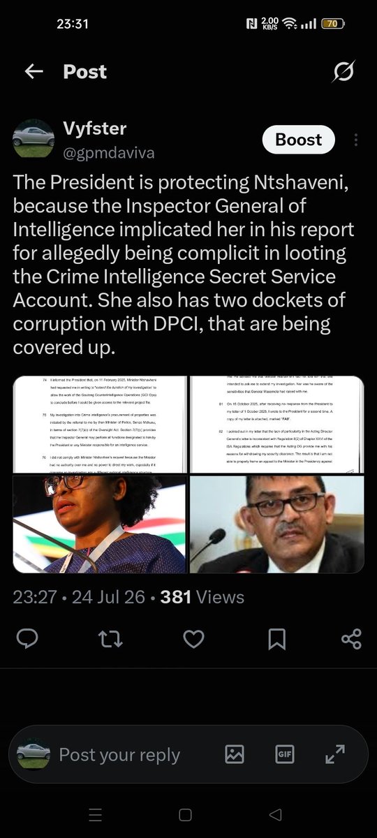 gpmdaviva's tweet photo. Is it not political interference when the Minister of State Security interferes in investigations into Crime Intelligence, especially because CI is not her portfolio. There are allegations that she is implicated in the looting of the Secret Service Account and that is a red flag https://t.co/3sqMRXae76