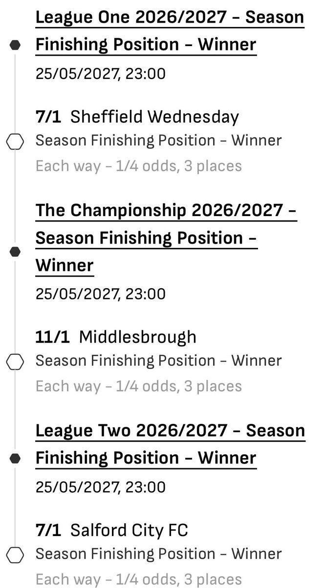sellessports's tweet photo. These 3 clubs will pay for a holiday to Florida 🇺🇸 or a trip to Butlins, Skegness in 2027…@FootyAccums
#mfc #swfc #scfc
757/1 https://t.co/gjRwNV3WaK