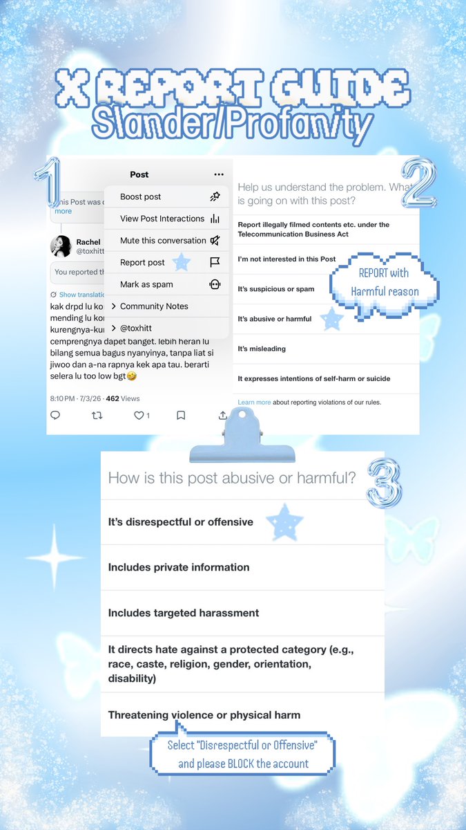 ProtectH2H's tweet photo. A simple guide to reporting in X &amp; KWANGYA 🔽 https://t.co/sF4SCrePAG