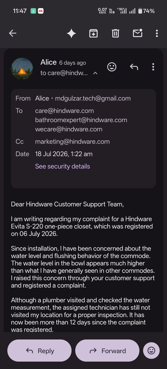 GulzarAlice's tweet photo. Dear @hindware_homes, Complaint IG019113 was registered on 06 Jul 2026 for my Hindware Evita S-220. Today is 25 Jul and after 19 days I still have no technician visit, no call, and no resolution. Very disappointed. 🧵👇 https://t.co/chbZpj73RQ