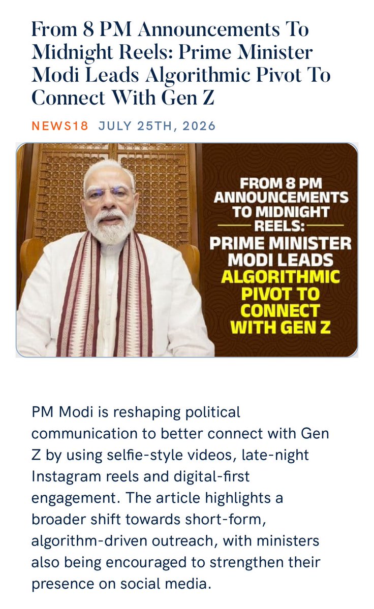 VipinSemwal78's tweet photo. @narendramodi
@pushkardhami
From 8 PM Announcements To Midnight Reels: Prime Minister Modi Leads Algorithmic Pivot To Connect With Gen Z
https://t.co/EKgGYwLJvM via NaMo App https://t.co/shm5xhFp19