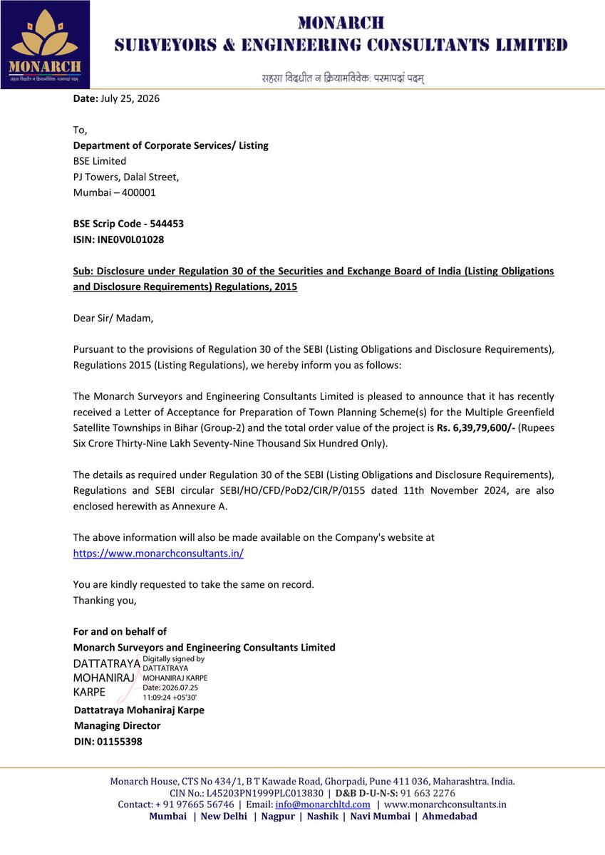 _Investor_Feed_'s tweet photo. 📄 Monarch Surveyors Wins ₹6.39 Crore Bihar Township Planning Contract | MCap 255.23 Cr

- Received Letter of Acceptance for 'Preparation of Town Planning Scheme(s) for the Multiple Greenfield Satellite Townships in Bihar (Group-2)'.
- Total order value is Rs. 6,39,79,600.
- Client is the Urban Development & Housing Department, Government of Bihar.
- Work is to commence immediately.

Disc: Information provided in above tweet can be inaccurate, verify through the source i.e. attached image(s) & in reply before making any investment decision.