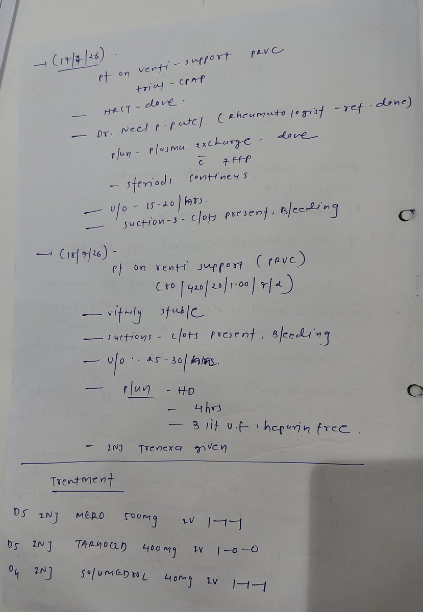 gatu_badshah's tweet photo. PT ADMITTED AT 14 JULY TODAY DAY 11
ON VENTI 10 PEEP, 60% FIO2 WITH INOTROP SPRT
SVT, ANCA ASSOCIATED GLOMERULO NEPHRITIS, DM2,
HD AND PLASMA P,
#pulmonology #ICU #EPeeps #MedTwitter #CardioEd #Cardiology #MedicalStudent #MedStudentTwitter #Fellowsfirst #FOAMed #chest https://t.co/hTLRgK8tew