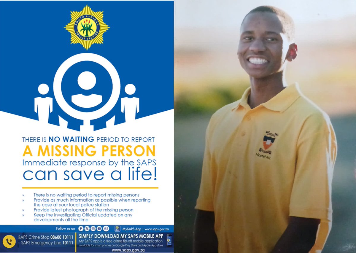 SAPoliceService's tweet photo. RT #sapsFS [HELP LOCATE MISSING PERSON IN SENEKAL] #SAPS Senekal appeals to the community for assistance in locating a #missing person, Thabo Khanya (pictured), who is mentally challenged.

According to his mother, who resides in the Tambo Section of Matwabeng near Senekal, Thabo reportedly left home on Thursday evening, 23/07, and has not returned. The circumstances surrounding his disappearance are unknown.

At the time of his disappearance, he was wearing black cargo trousers with side pockets, a blue jacket, a black tracksuit top, and black Puma sneakers with grey stripes.

Anyone with information regarding his whereabouts is urged to contact Senekal D/Capt Calvert on 082 466 7635. #CrimeStop #MySAPSApp ME 
https://t.co/xIHycwjdSx