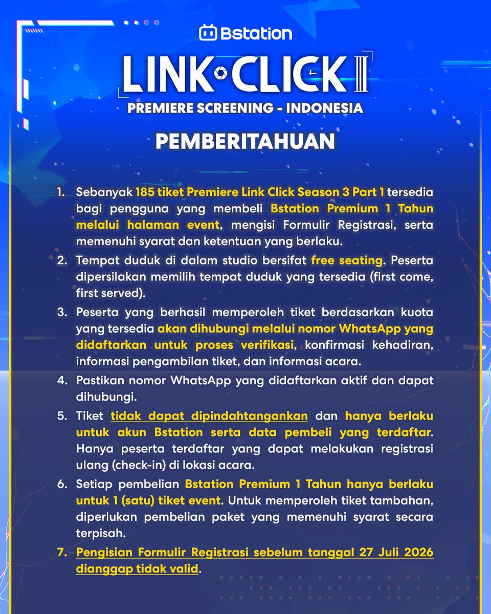 BstationID's tweet photo. CEK TATA CARA PEMBELIAN TIKET LINK CLICK SEASON 3 PART 1 OFFICIAL PREMIERE SCREENING IN INDONESIA! 📸

Pastikan kamu mengikuti setiap langkah agar proses pembelian tiket berjalan lancar ya~

🎟️ Penjualan tiket dimulai pada Senin, 27 Juli 2026 pukul 12.00 WIB.

🔗 Akses pembelian tiket melalui https://t.co/GrXBn625LQ atau klik link di bio (link baru dapat diakses pada hari penjualan tiket dimulai).

❗️Limited seats available. Don't miss your chance!

#LinkClick #Madebybilibili #bstation #bstationbeyondanime
