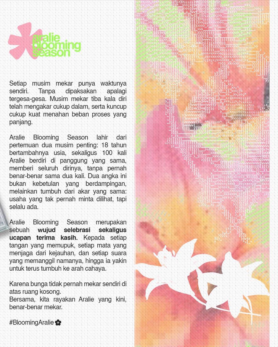 arariel_id's tweet photo. Mungkin kamu sudah melihat sebuah judul 'Aralie Blooming Season' beberapa kali di timeline.

Tapi... apa sebenarnya makna di baliknya? 

Kami ingin memberikan sebuah perkenalan kepada kalian tentang 'Aralie Blooming Season' dalam beberapa halaman sederhana.

Semoga setelah membacanya, kamu mau ikut menjadi bagian dari musim yang akan mekar ini🌸

#BloomingAralie
#AralieBloomingSeason