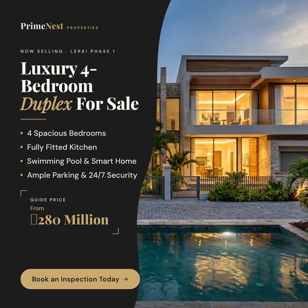 kreatkit's tweet photo. Design 2 prompt:
“Business PrimeNest Properties
Headline Luxury 4-Bedroom Duplex For Sale
Features
•4 Spacious Bedrooms
•Fully Fitted Kitchen
•Swimming Pool
•Smart Home Features
•Ample Parking
•24/7 Security
Location Lekki Phase 1
Price From ₦280 Million
CTA Book an Inspection Today”

Images appear in the following order:
Opus4.8 —> GPT5.5 —> GLM5.2 —> Qwen3.7-plus