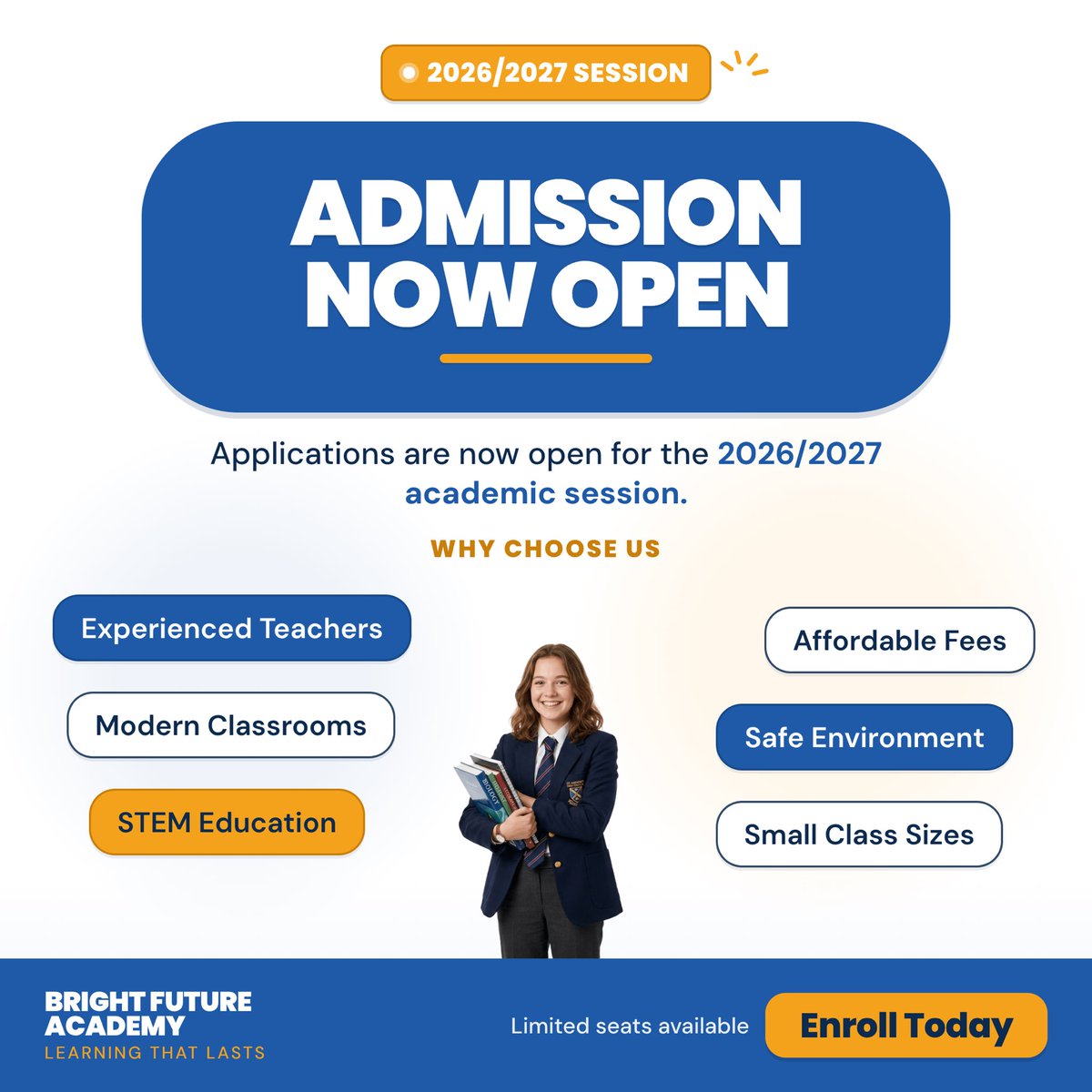 kreatkit's tweet photo. Design 3 prompt:
“Use the below content to generate a design:

School Bright Future Academy
Headline ADMISSION NOW OPEN
Body Applications are now open for the 2026/2027 academic session.
Why Choose Us
•Experienced Teachers
•Modern Classrooms
•STEM Education
•Affordable Fees
•Safe Learning Environment
CTA Enroll Today”

Opus4.8 —> GPT5.5 —> GLM5.2 —> Qwen3.7-plus