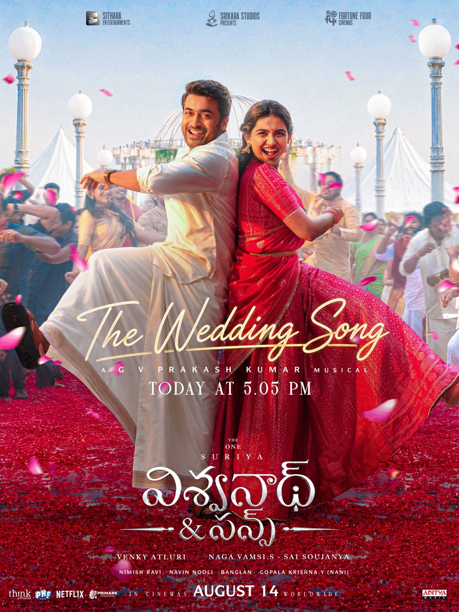 SitharaEnts's tweet photo. Time to dance…..
Time to celebrate…..
Time for #TheWeddingSong ❤️

Today at 5:05 PM 🔥

Sung by THE ONE @Suriya_offl 🎙️ 
A @gvprakash Musical 🎧 

#VishwanathAndSons #VASonAUG14th 
#VenkyAtluri @_mamithabaiju @realradikaa @TandonRaveena @vamsi84 @NavinNooli @NimishRavi @Banglan16034849 #saisoujanya @KenKarunaas @ramjowrites @Sekharmasteroff @ynakg2 @SitharaEnts @Fortune4Cinemas #SrikaraStudios @ThinkStudiosInd @adityamusic @PrimarkProd @PharsFilm