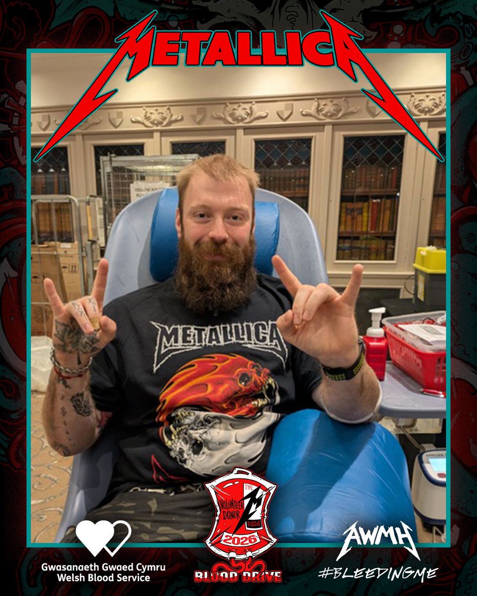Metallica's tweet photo. Thanks to the #MetallicaFamily, “thousands of people across England, Scotland, and Wales have given someone another birthday, another gig, another song in their heart… another chance.”

Across the UK, an incredible 27,800 units of blood were donated during our #BleedingMe Blood Drives! We cannot thank all of you enough for rolling up your sleeves and joining this vital cause. Shoutout to Billy the Blood Drop for making it to London Stadium to catch a gig!

#AWMH #MetallicaGivesBack