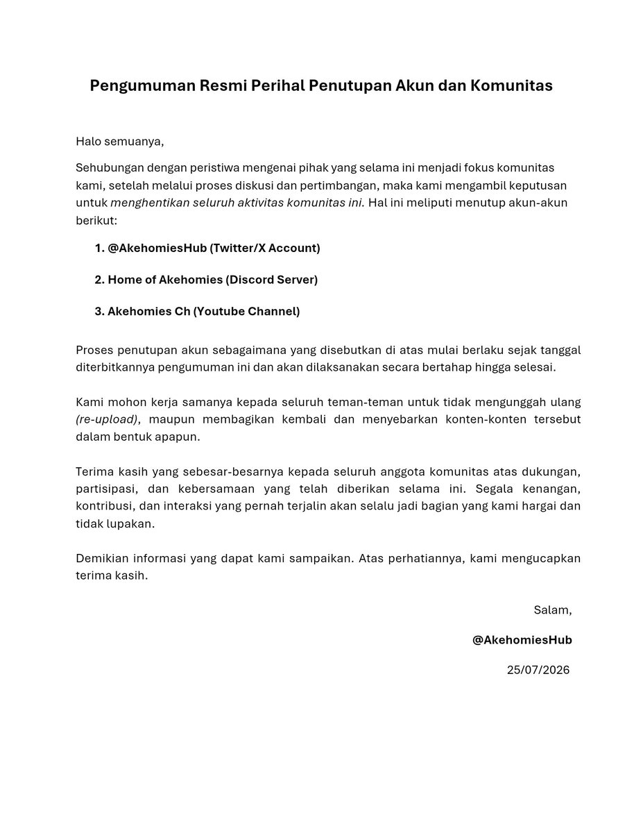 AkehomiesHub's tweet photo. Pengumuman Penutupan Akun dan Komunitas Akehomies https://t.co/2vnYYOUHN2