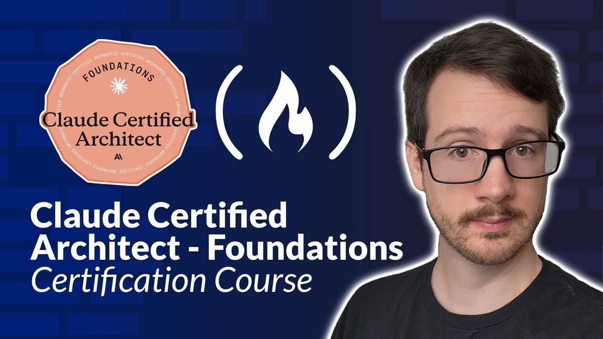 freeCodeCamp's tweet photo. Anthropic's Claude Certified Architect exam focuses on practical AI engineering, not just theory.

In this course, Andrew helps you prepare by building real-world agent workflows with Claude, MCP, and the Claude Agent SDK.

You'll learn about agent orchestration, tool design, prompt engineering, context management, and multi-agent architecture.

https://t.co/zA9wWu6puu